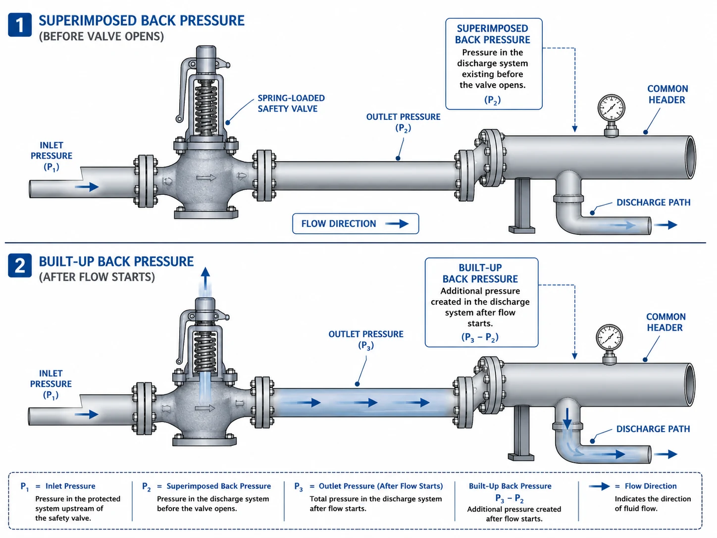 Superimposed and built-up back pressure in safety valve discharge system