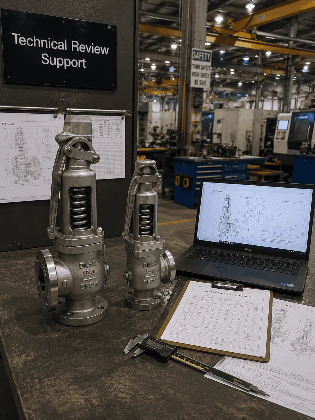 Safety valves, technical drawings and test reports at an engineering review workstation