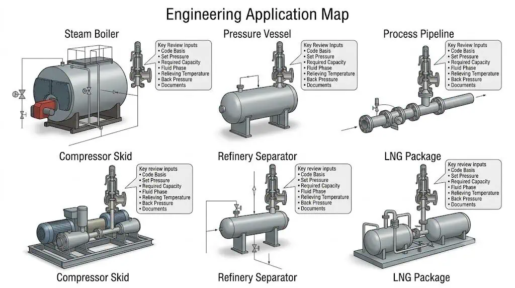 Standard per valvole di sicurezza e input di revisione ingegneristica per caldaie, recipienti in pressione, pipeline, skid compressori, separatori di raffineria e pacchetti GNL