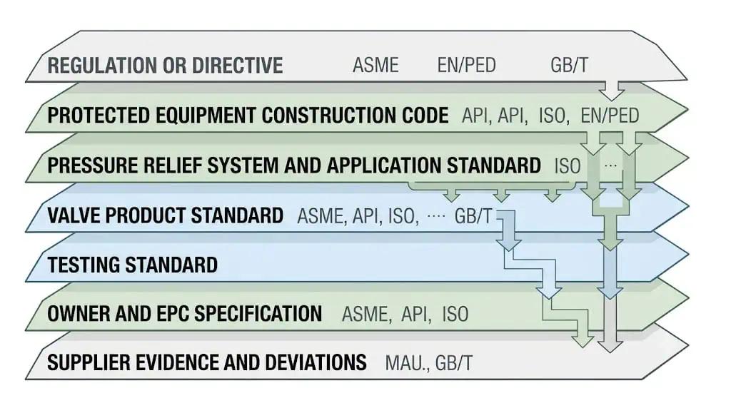 Gerarchia stratificata di normative per valvole di sicurezza, codici di costruzione, standard di applicazione, requisiti di test e prove del fornitore