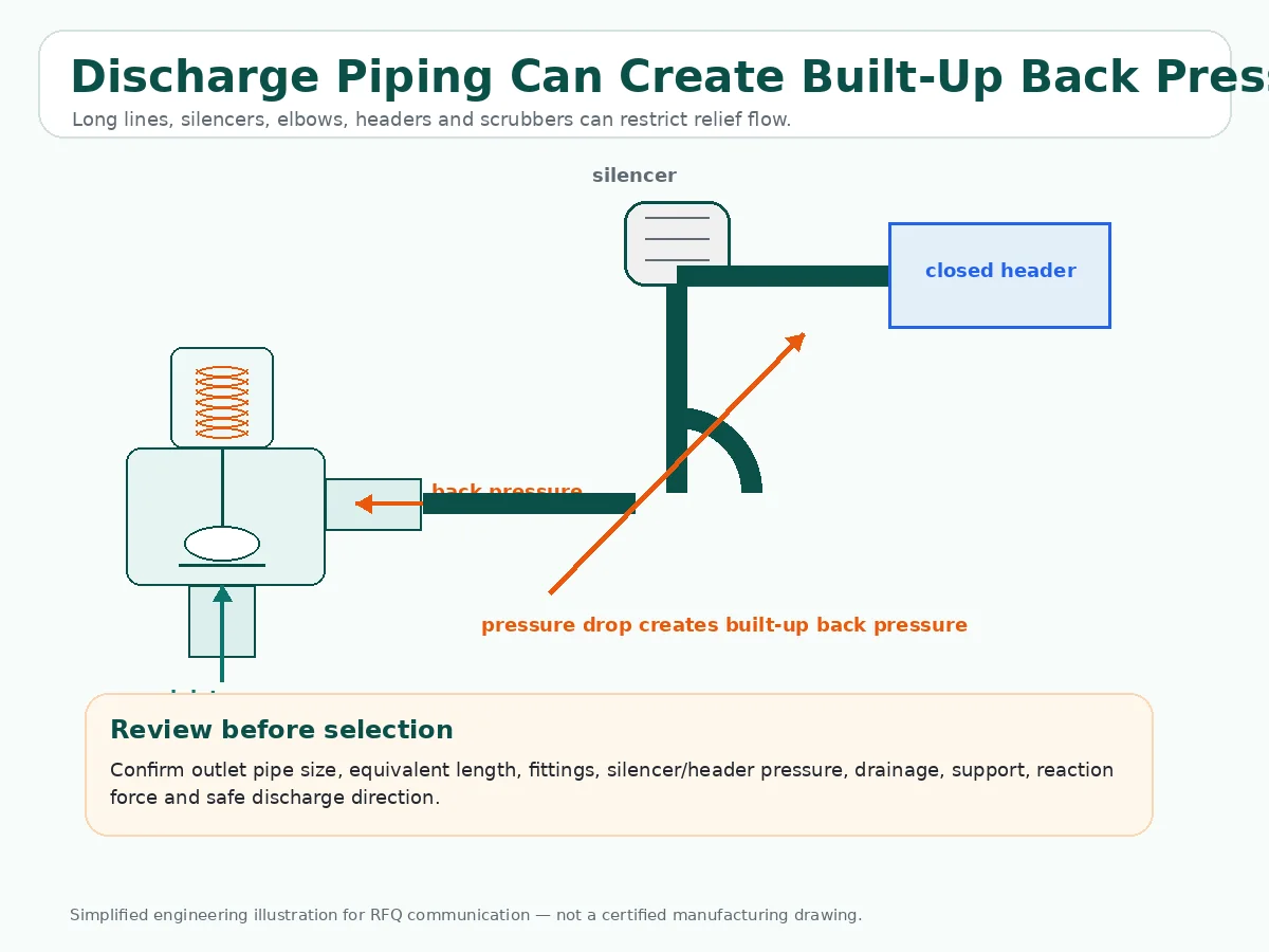 Safety valve discharge piping layout showing silencer long outlet line and closed header creating built-up back pressure