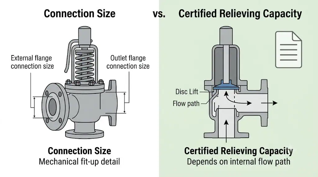 Comparison of safety valve connection size and certified relieving capacity for engineering selection