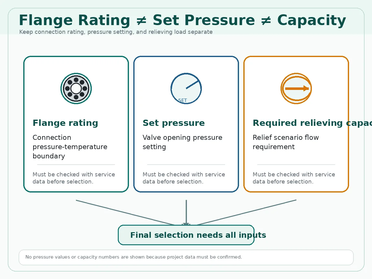 Engineering comparison showing flange rating, set pressure and required relieving capacity for flanged safety relief valve selection