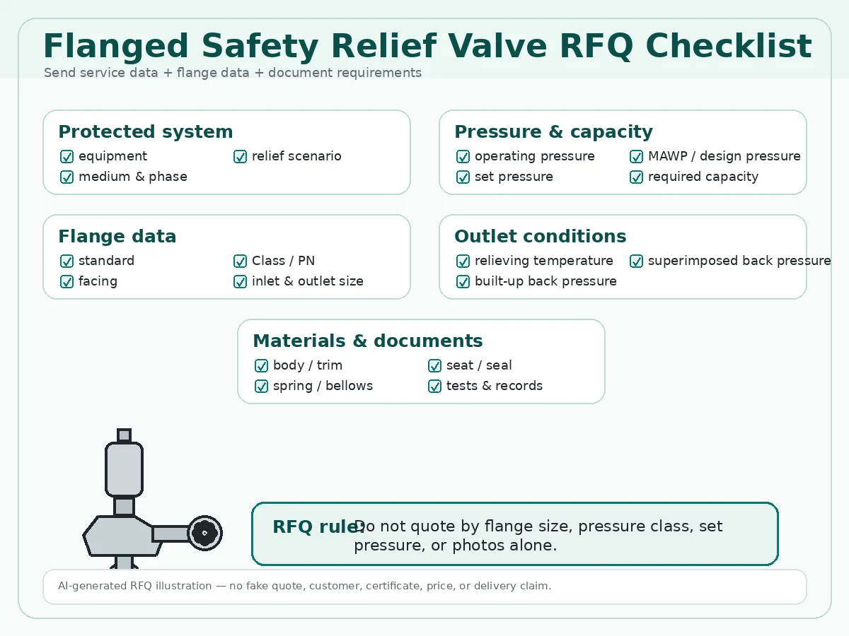 RFQ checklist for flanged safety relief valve selection including flange data, pressure, capacity, medium and documents