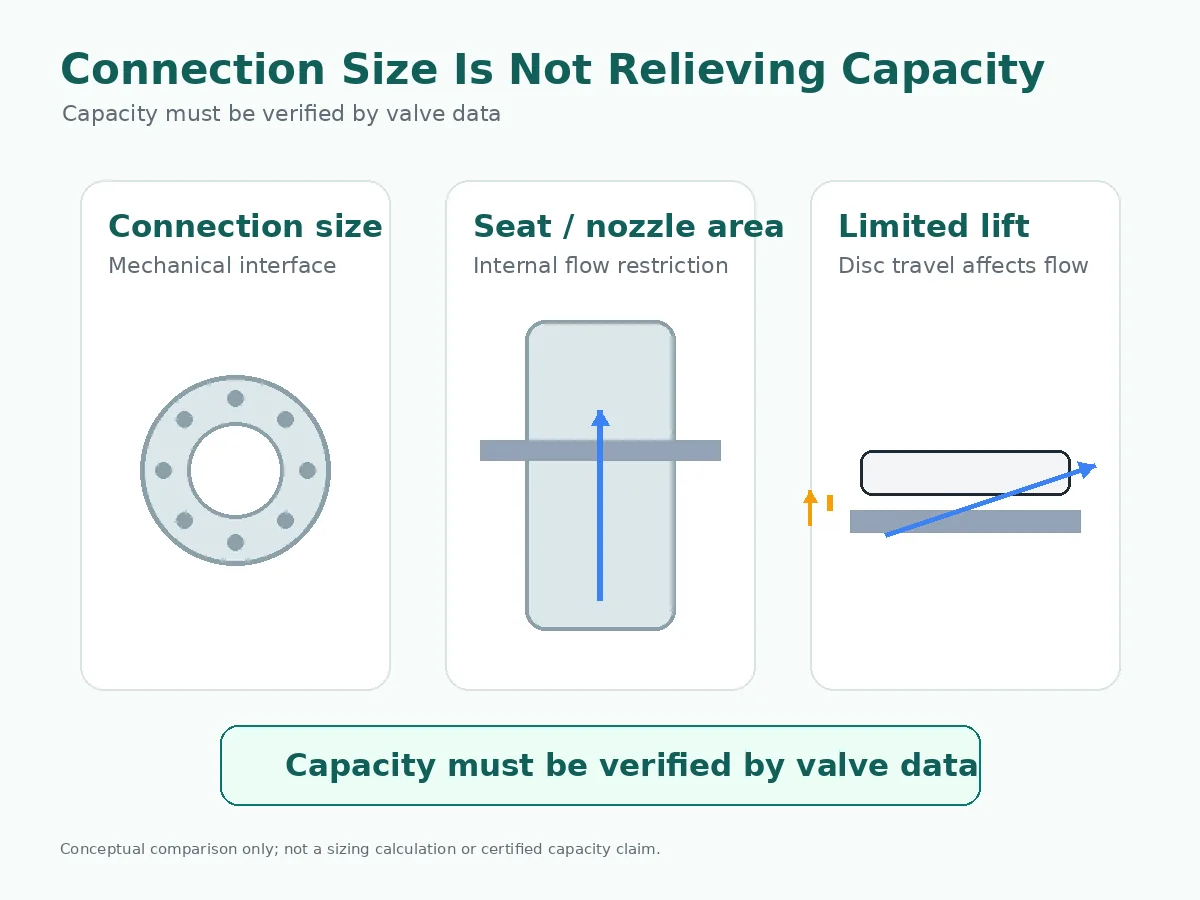 Engineering comparison showing connection size, seat flow area and limited disc lift in a low lift safety valve