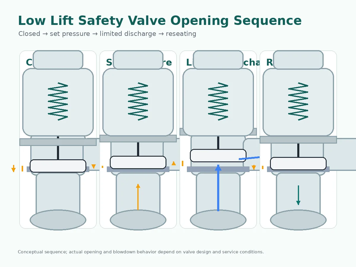Four step low lift safety valve opening sequence from closed position to limited lift discharge and reseating