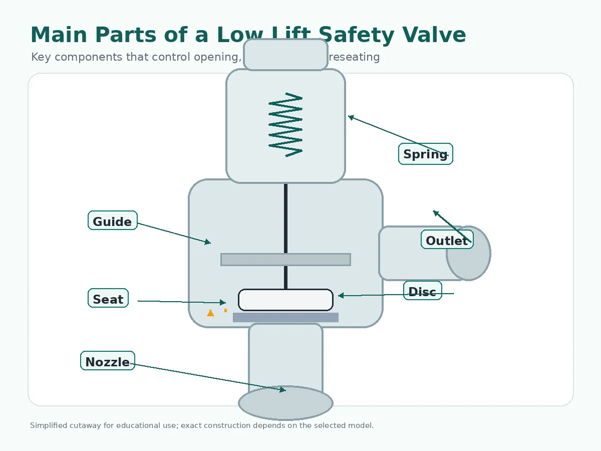 Cutaway illustration of low lift safety valve parts including nozzle, seat, disc, guide, spindle, spring and outlet