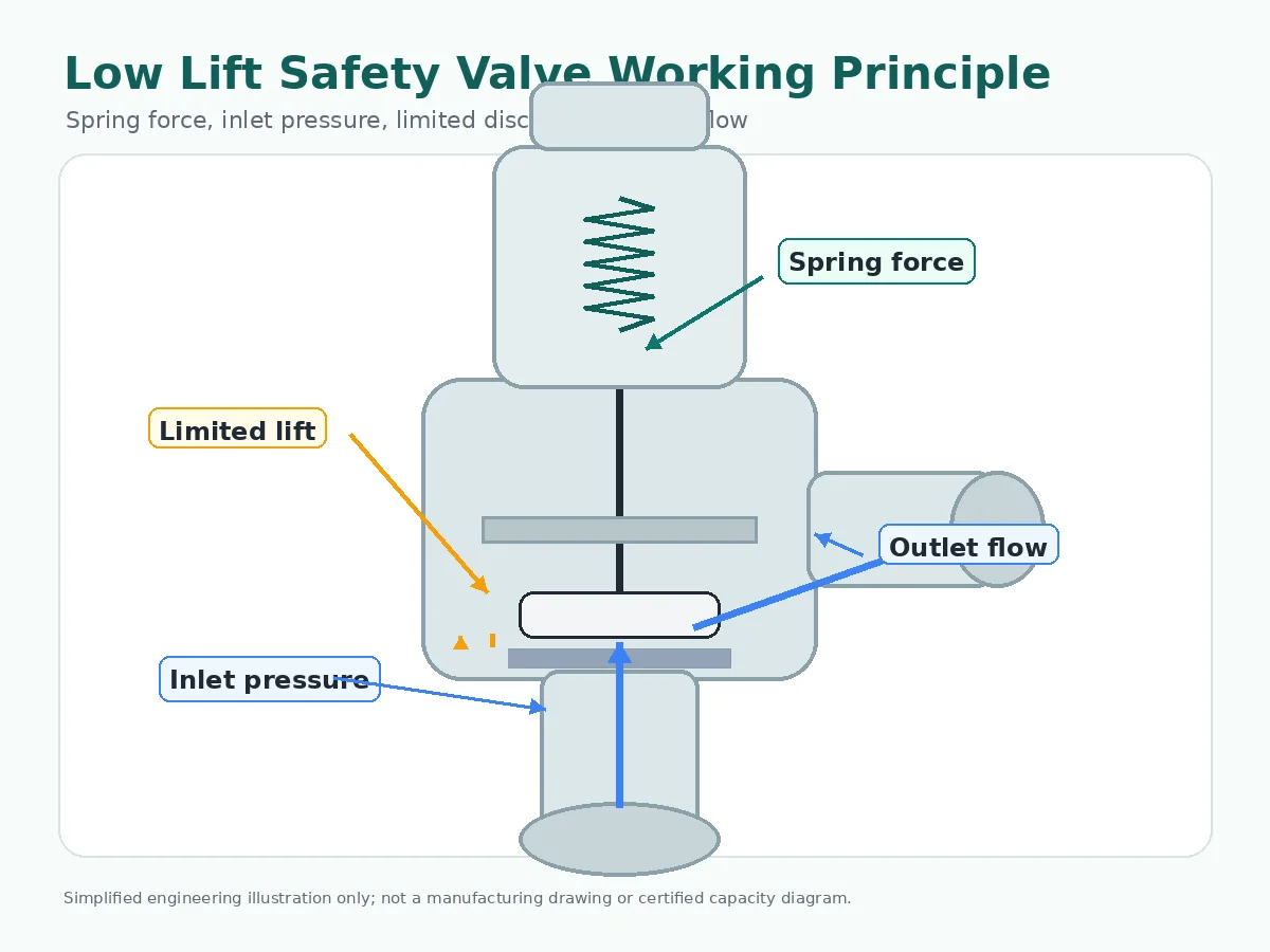 Low lift safety valve working principle with inlet pressure, spring force, limited disc lift and outlet discharge path