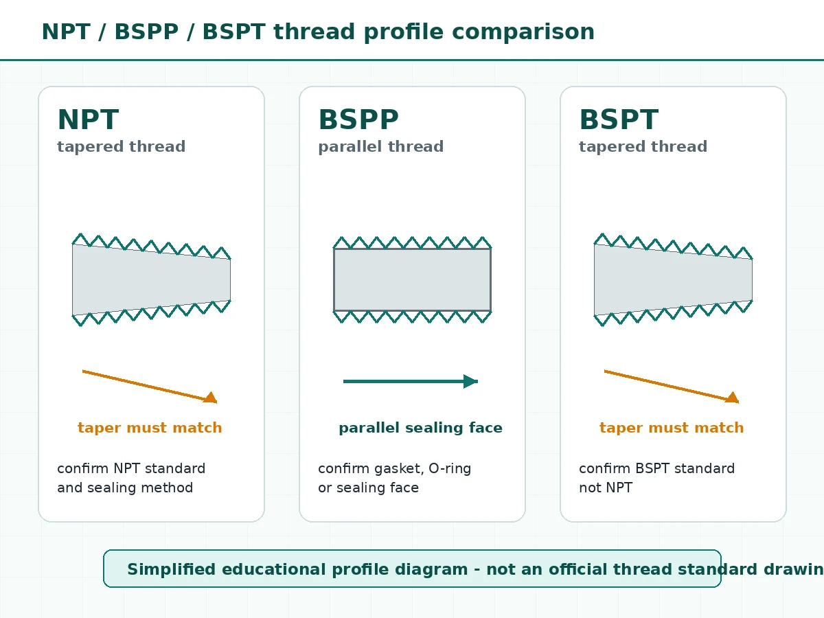 Engineering diagram comparing NPT BSPP and BSPT threaded safety valve connection profiles and sealing methods