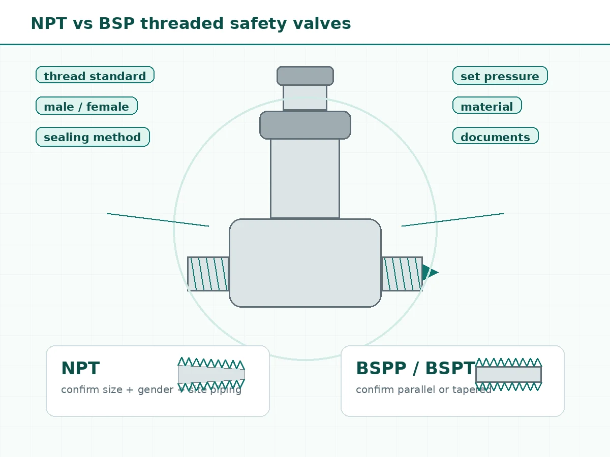 NPT vs BSP threaded safety valves buyer confirmation illustration with thread standard and connection checklist