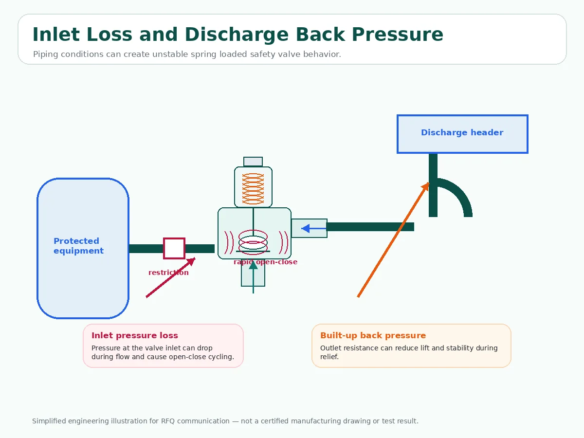 Inlet pressure loss and discharge back pressure layout causing spring loaded safety valve chatter