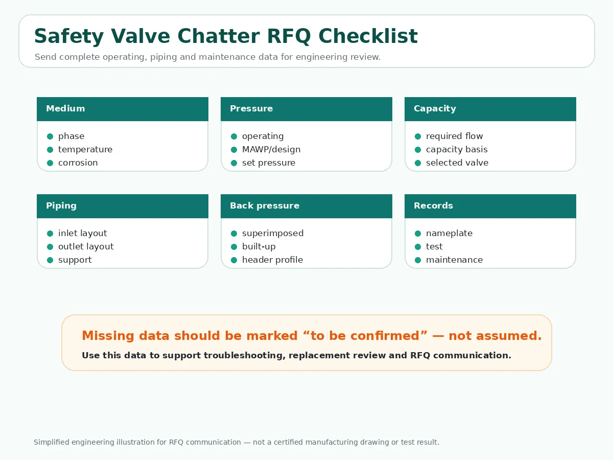 Safety valve chatter RFQ checklist including medium pressure capacity piping back pressure and records