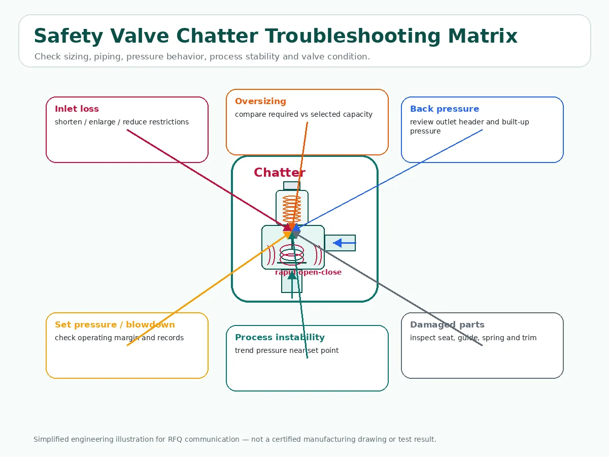 Safety valve chatter troubleshooting matrix showing inlet loss oversizing back pressure and damaged parts