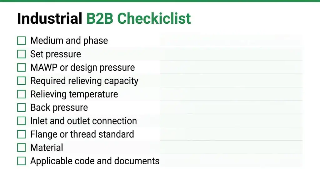 Safety valve RFQ checklist for certified relieving capacity connection size medium pressure temperature and standards