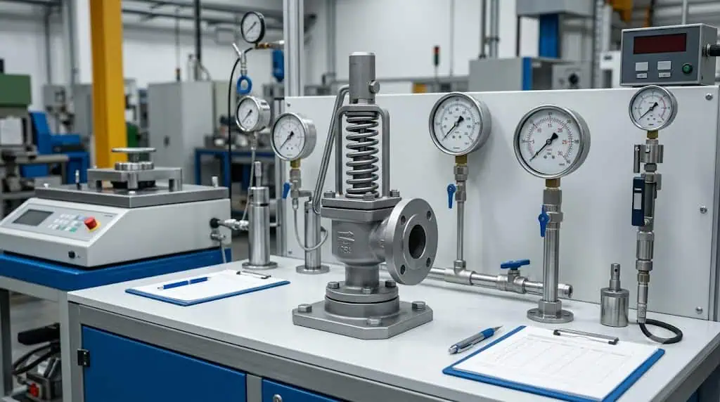 Safety valve test bench used for set pressure calibration and capacity documentation review