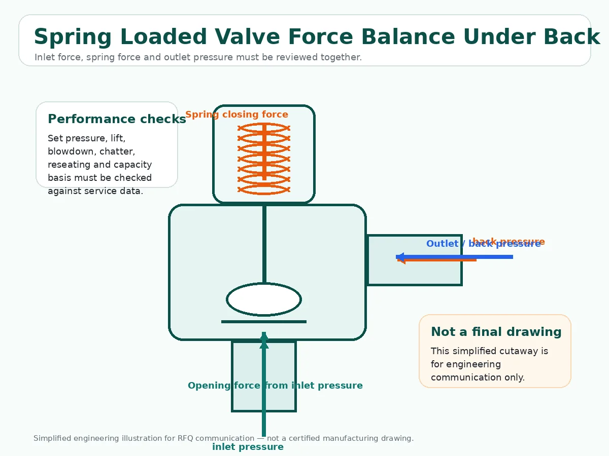 Spring loaded safety valve cutaway illustration showing inlet pressure spring force and outlet back pressure