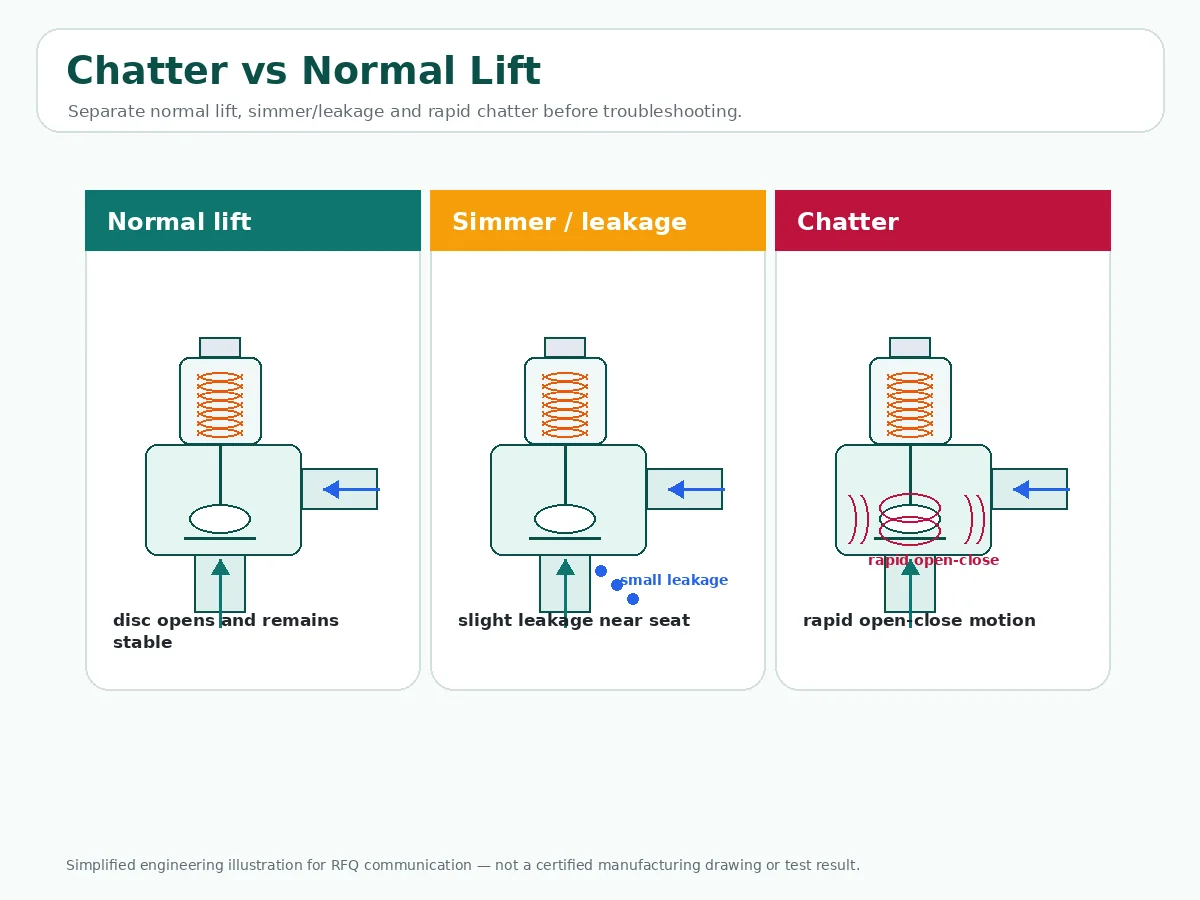 Diagram comparing normal lift simmer leakage and chatter in a spring loaded safety valve