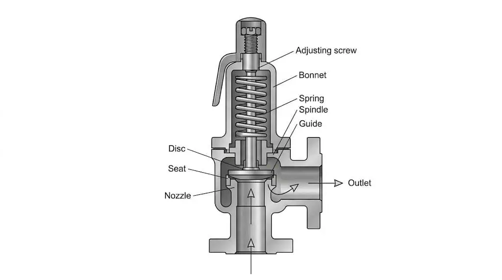 Spring loaded safety valve cutaway showing inlet nozzle disc spring and outlet flow path