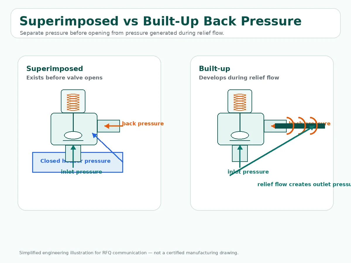 Diagram comparing superimposed back pressure before valve opening and built-up back pressure during relief flow