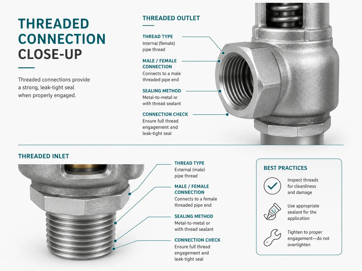 Close-up of threaded safety valve inlet and outlet connection showing threaded connection details