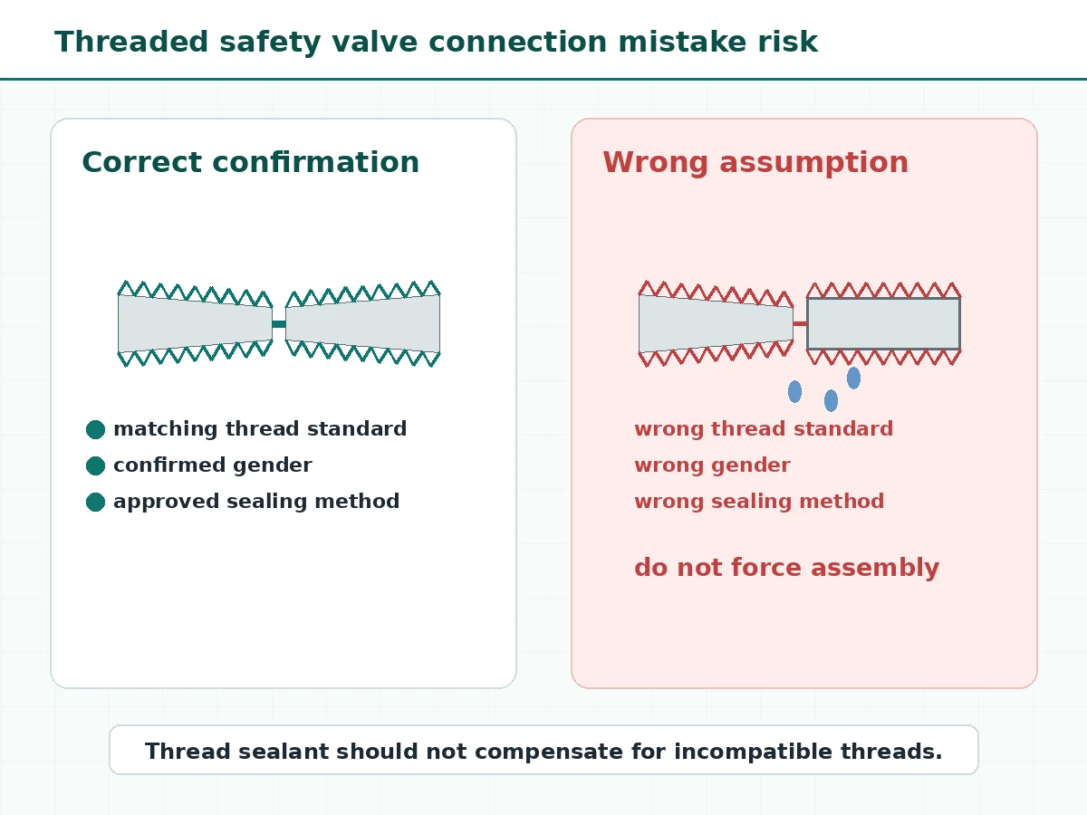 Threaded safety valve connection mistake risk illustration showing wrong thread standard and leakage warning