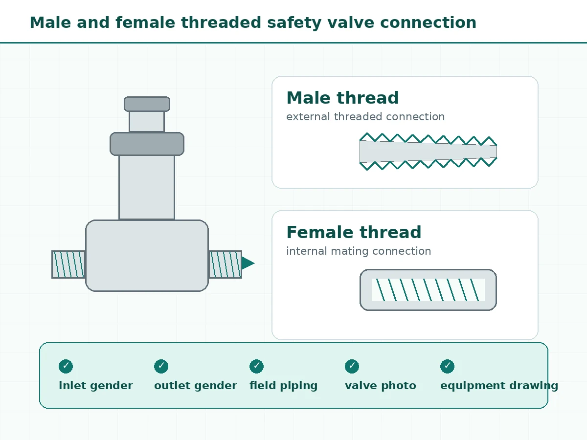 Threaded safety valve male and female connection diagram showing inlet and outlet thread confirmation