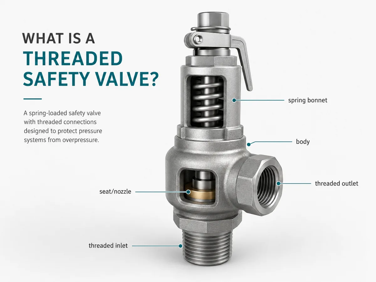 Threaded safety valve with visible threaded inlet and outlet connection for pressure relief service