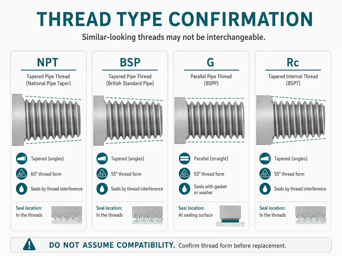 Thread type confirmation graphic for NPT, BSP, G and Rc threaded safety valve replacement