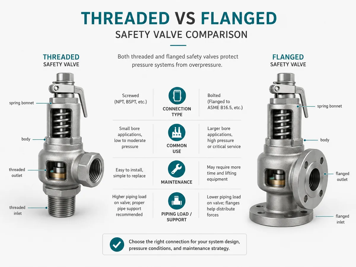 Comparison visual showing threaded safety valve and flanged safety valve connection selection boundary