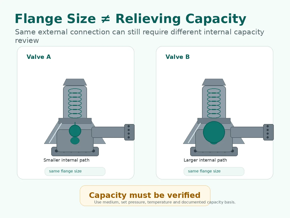 Engineering comparison showing flange size does not determine safety valve relieving capacity