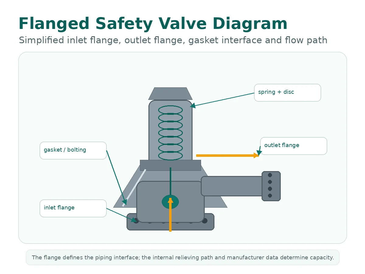 Simplified engineering diagram showing inlet flange outlet flange gasket and flow direction in a flanged safety valve