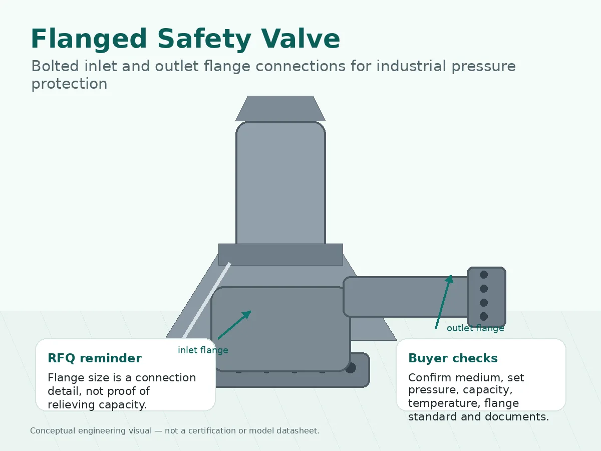 Flanged safety valve with visible inlet and outlet flange connections for industrial pressure protection