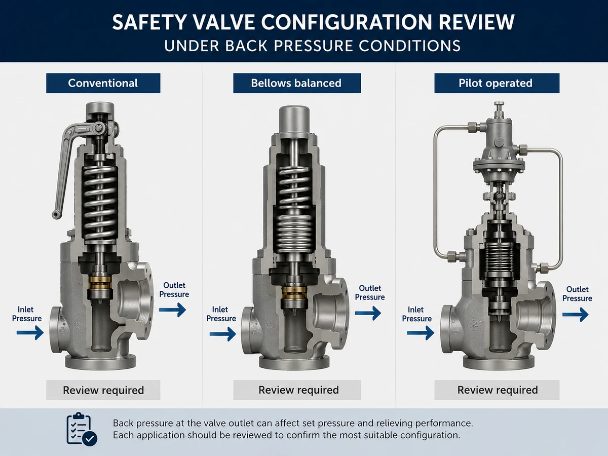 Valve configuration review showing conventional spring loaded bellows balanced and pilot operated safety valves under back pressure conditions