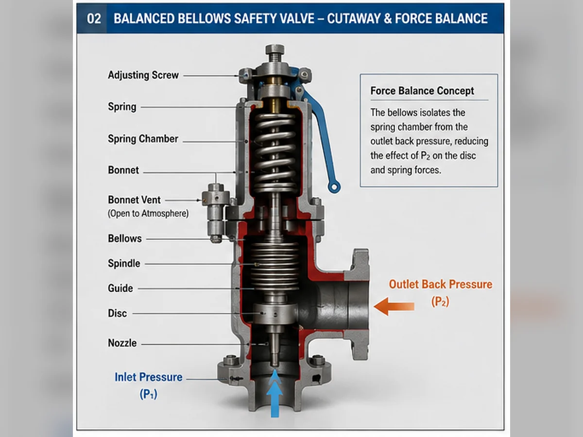 Cutaway of a bellows balanced safety valve showing the spring, bellows, nozzle, disc, inlet pressure and outlet back pressure