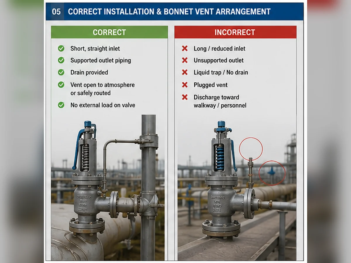 Correct and incorrect bellows balanced safety valve inlet, outlet support, drainage and bonnet vent arrangements