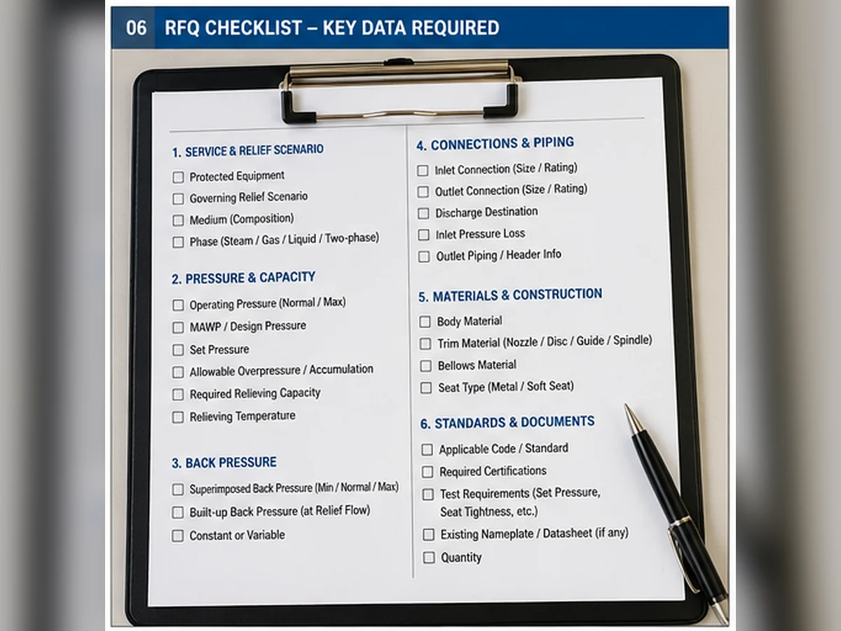 Bellows balanced safety valve RFQ checklist covering relief scenario, capacity, back pressure, materials and documents