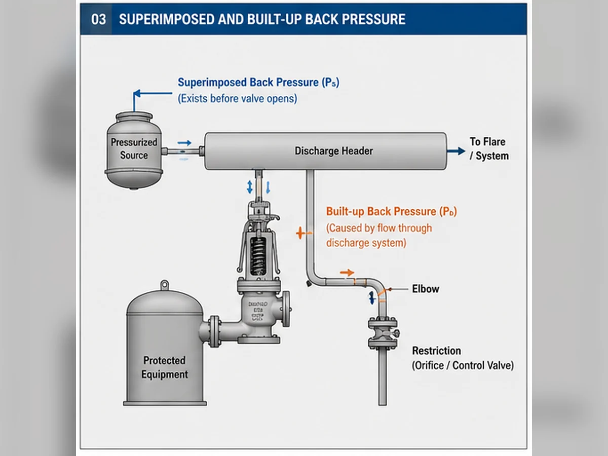 Pressure-relief discharge system showing superimposed and built-up back pressure at the safety valve outlet