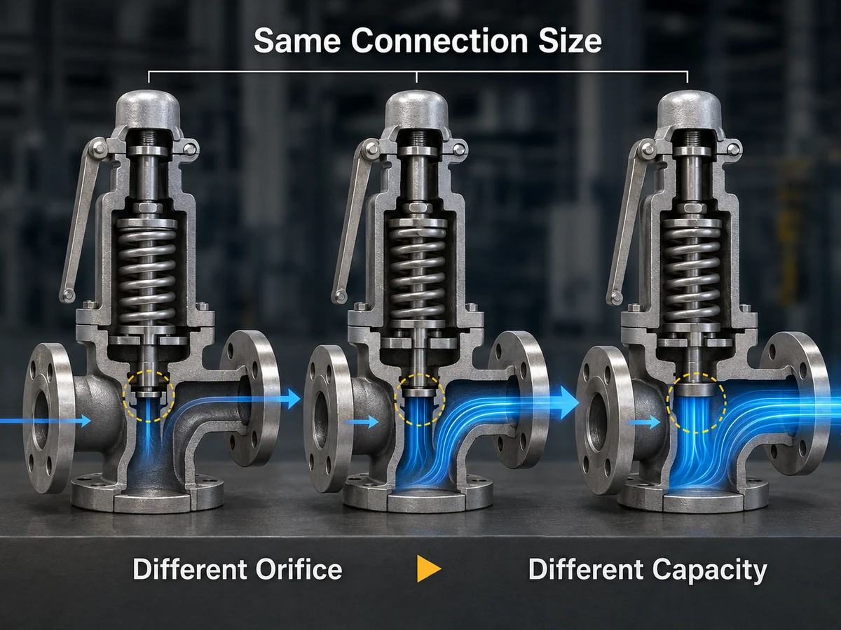 Diagram comparing the same safety valve connection size with different effective orifice and flow capacity
