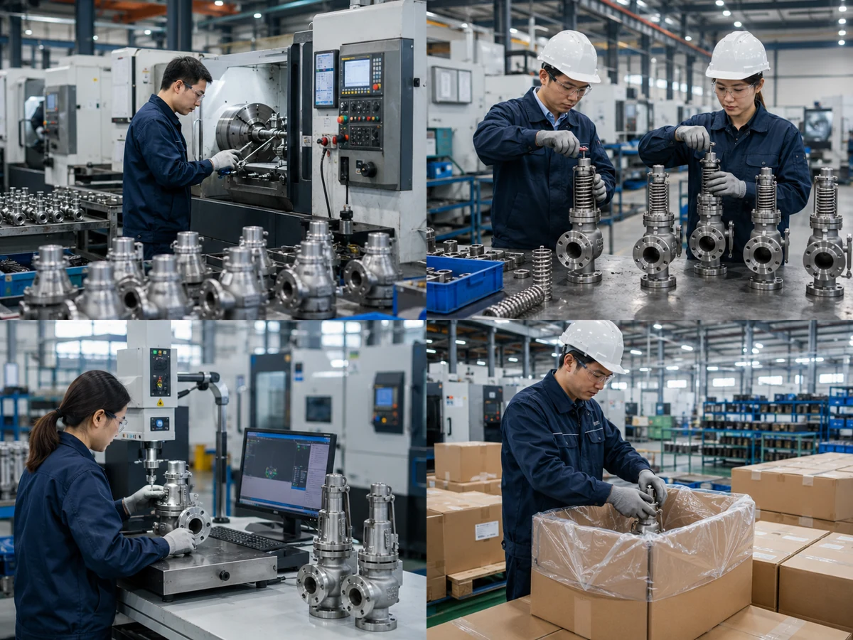 Production process inside a China safety valve factory showing machining, assembly and quality control