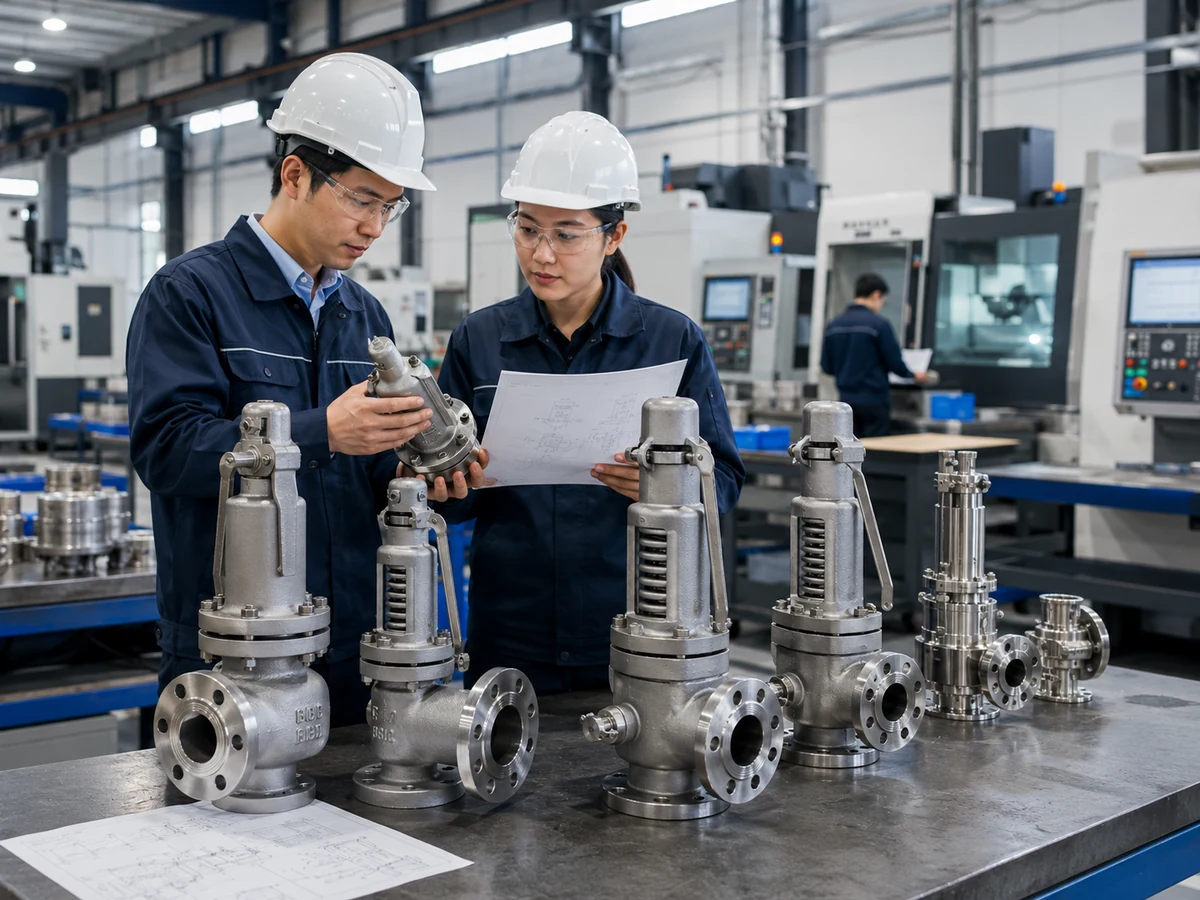 China safety valve manufacturer engineering inspection in an industrial workshop with spring loaded safety valves and technicians