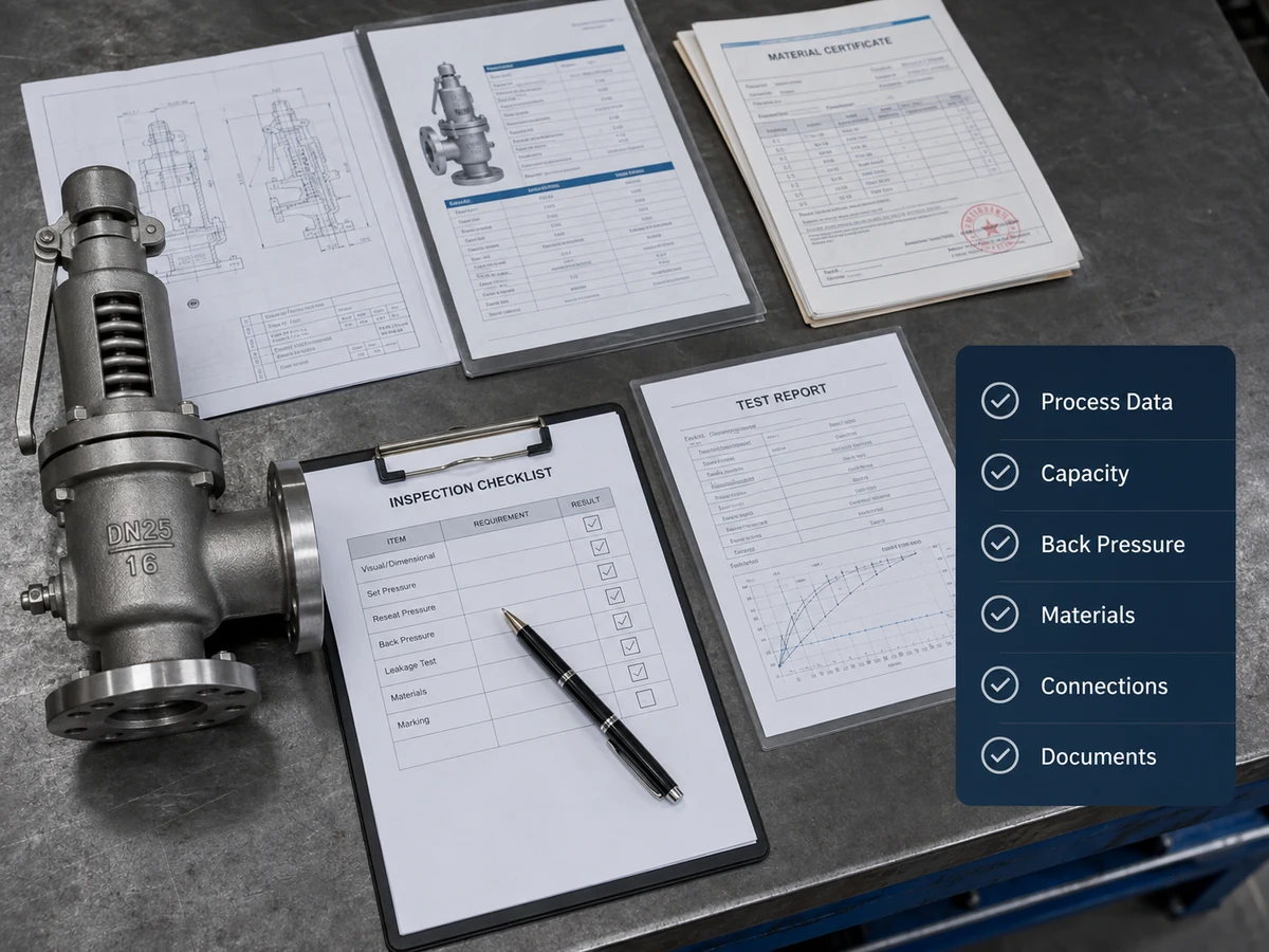 RFQ document checklist for buying safety valves from a China manufacturer including datasheet drawing material certificates and test reports