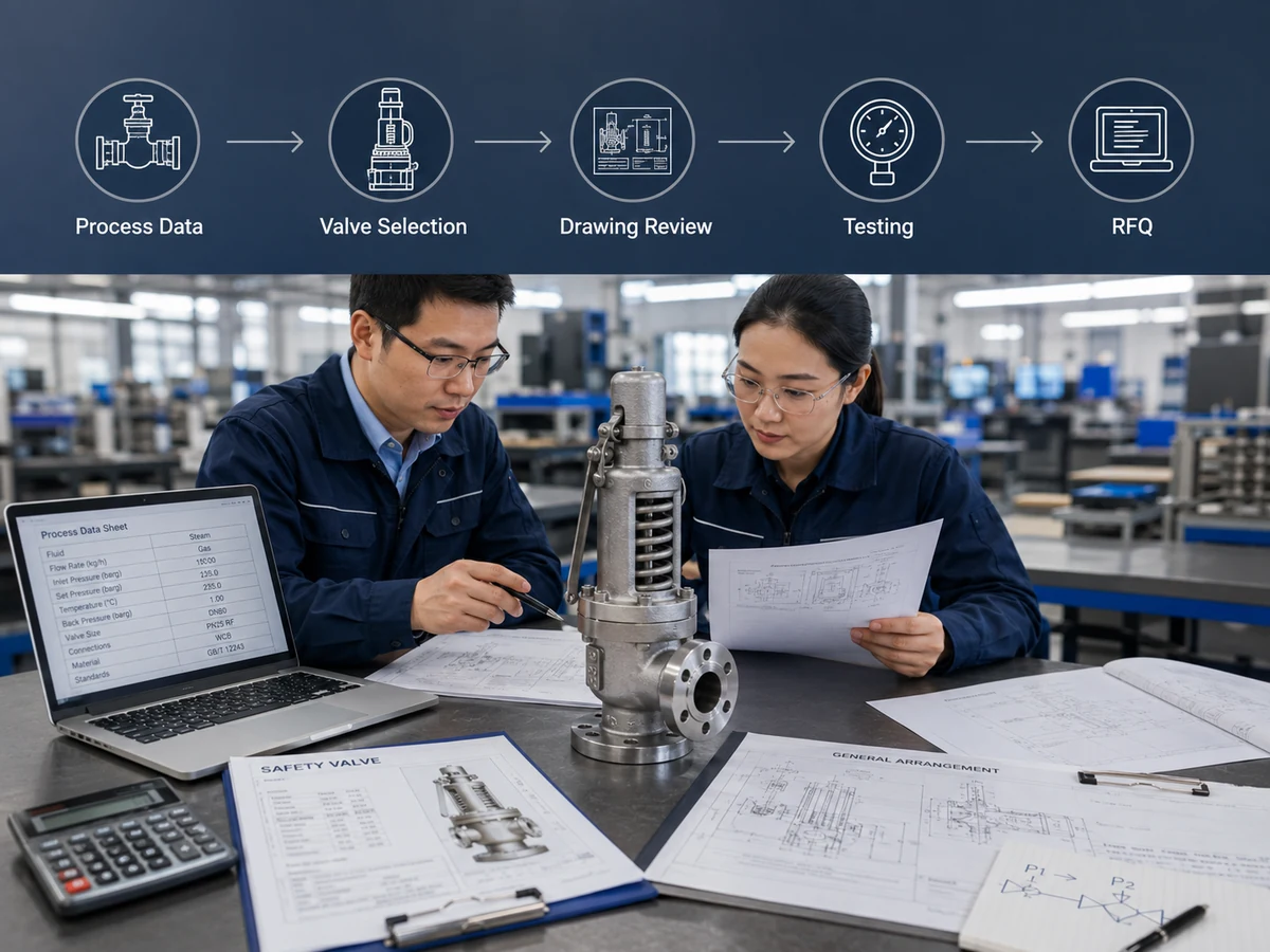 Engineering RFQ workflow for a China safety valve manufacturer showing process data review, selection and quotation steps