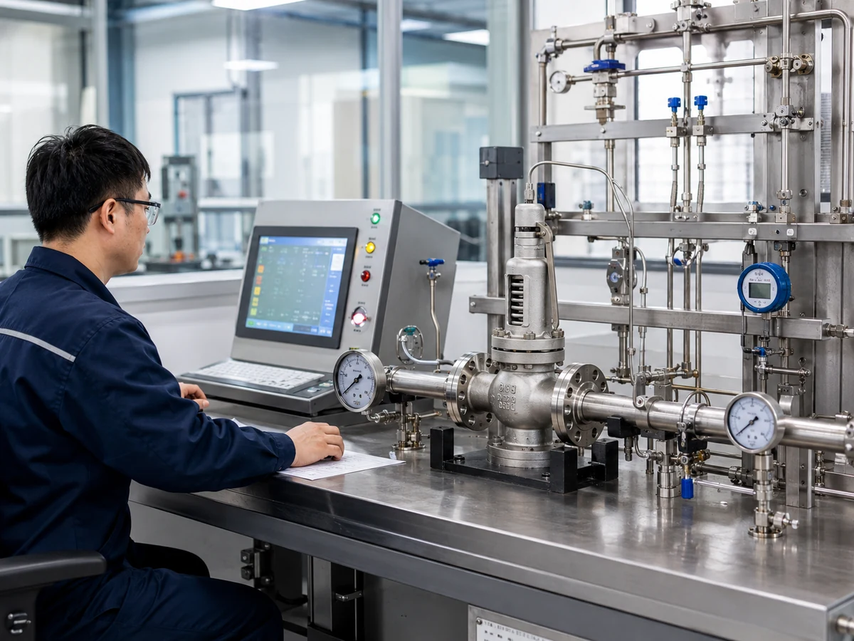 Safety valve testing and calibration bench in a China manufacturer laboratory environment