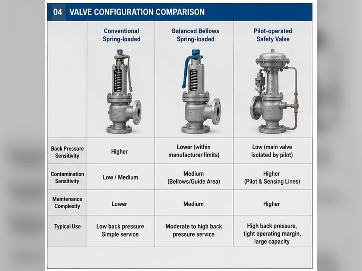 Comparison of conventional spring-loaded, balanced bellows and pilot-operated safety valve configurations