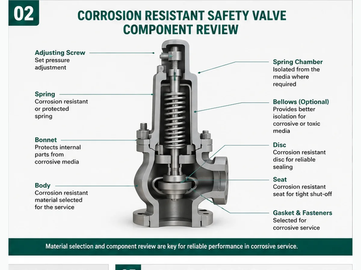 Simplified corrosion resistant safety valve component review showing body, trim, seat, spring, bellows, gasket and fastener checks