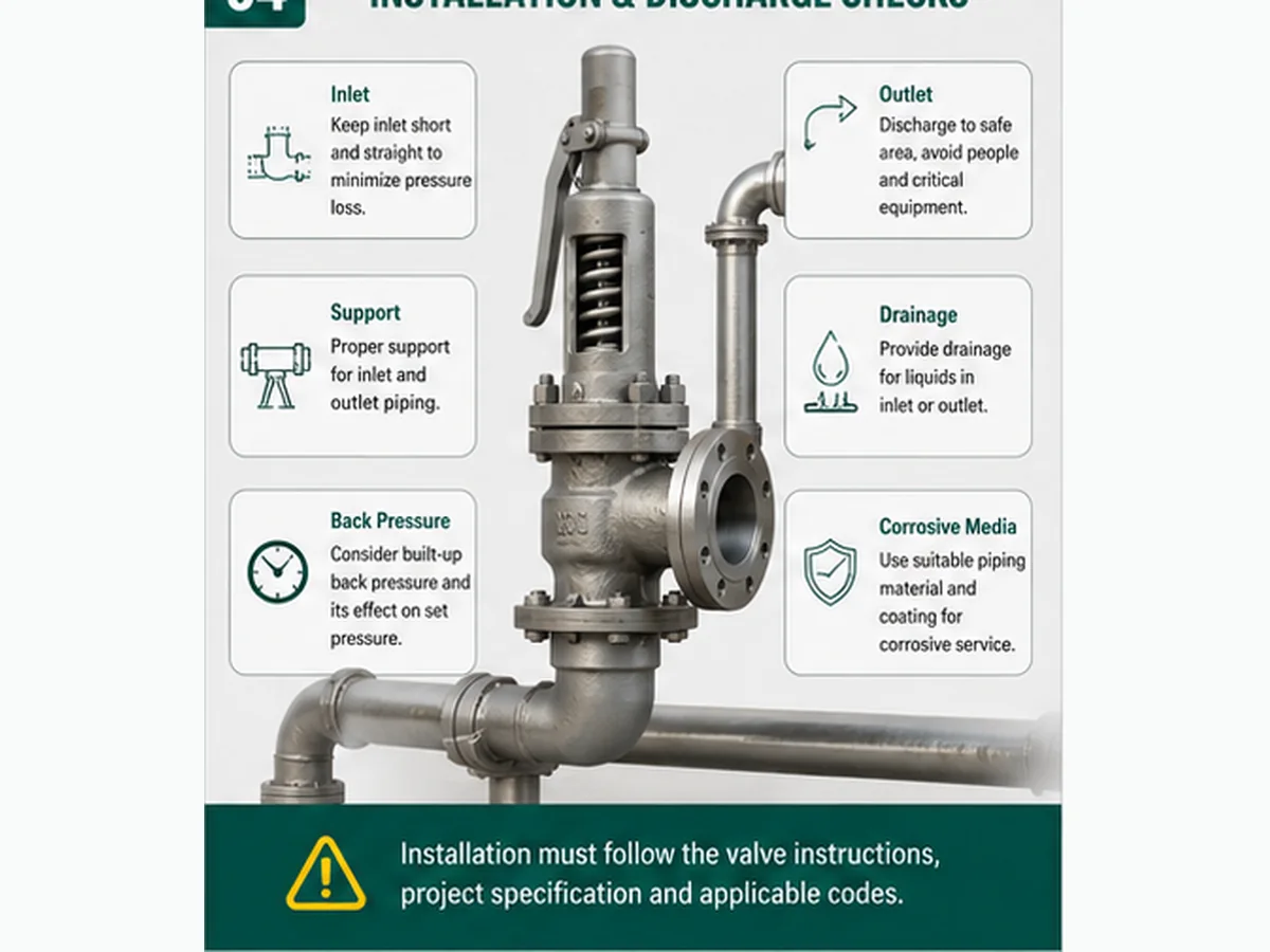 Corrosion resistant safety valve installation diagram showing inlet pressure loss, outlet support, drainage, corrosive discharge and back pressure checks