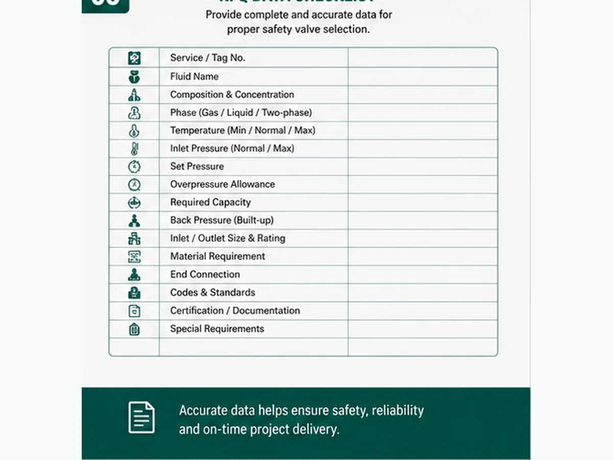 RFQ checklist for corrosion resistant safety valve selection including medium composition, concentration, phase, temperature, pressure, capacity and materials
