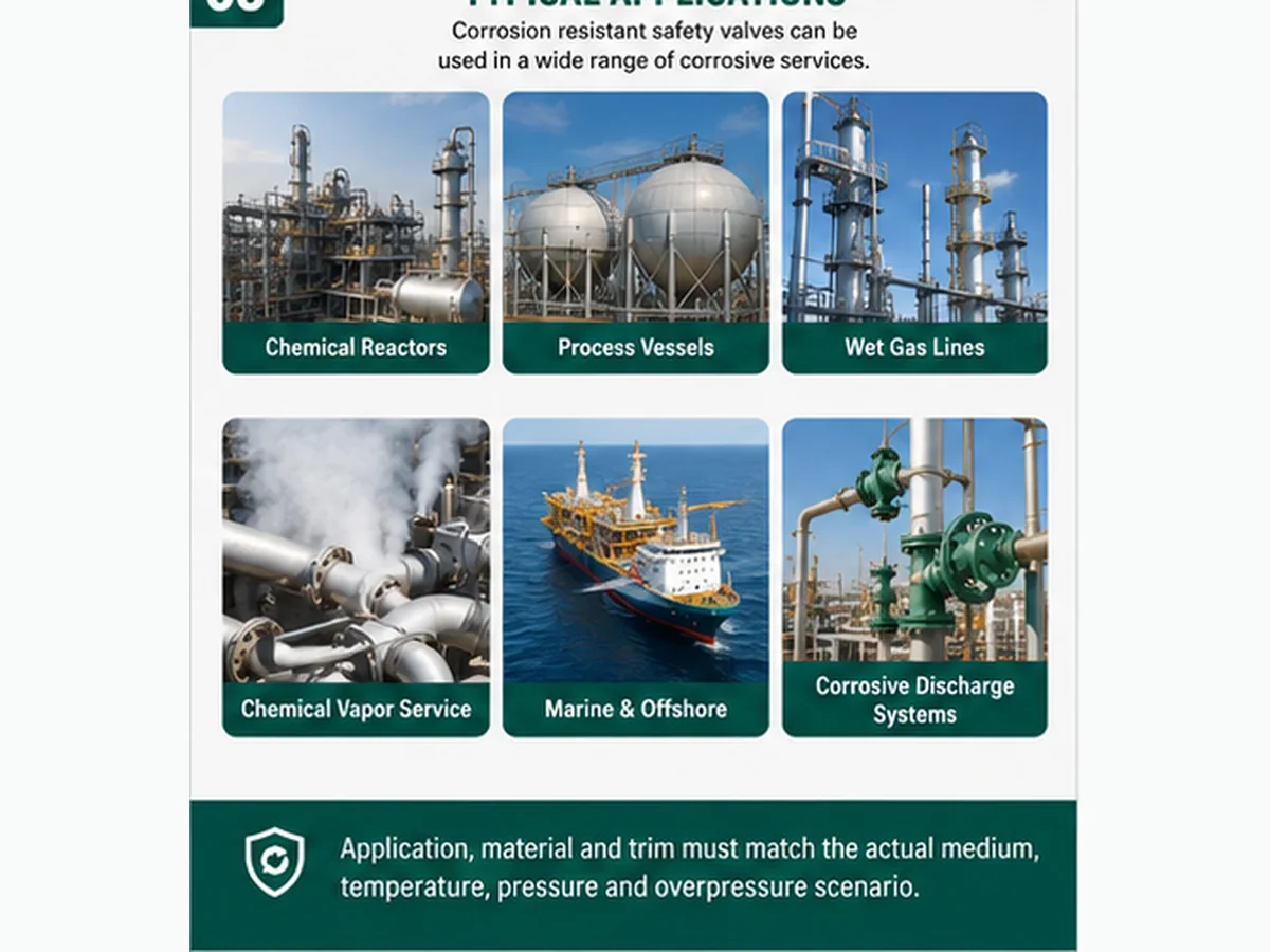 Application map showing corrosion resistant safety valve locations on chemical reactors, vessels, wet gas lines and corrosive discharge systems