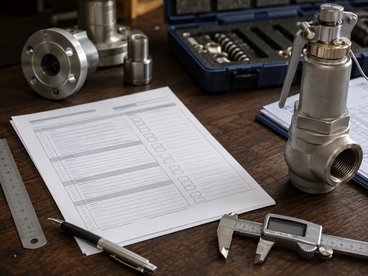 Printed RFQ datasheet checklist on a desk beside valve components and measuring tools