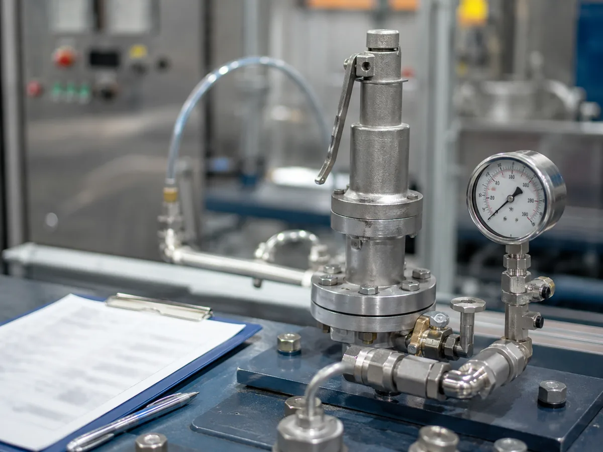Realistic safety valve installed on a test bench with pressure gauge and engineering notes nearby